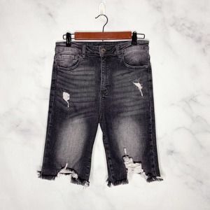 Risen High Rise Distressed Faded Black Denim Bermuda Style Jean Shorts Large